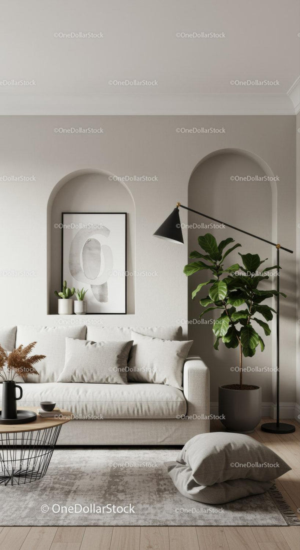 Minimalist living room with soft neutral tones and greenery