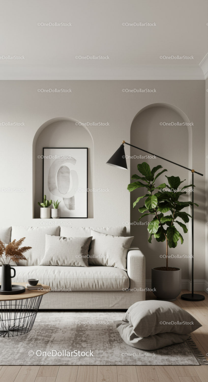 Minimalist living room with soft neutral tones and greenery