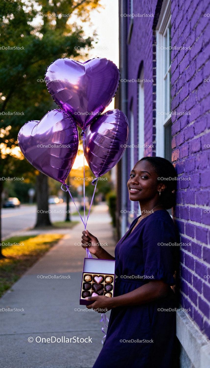 Smiling woman holding purple heart balloons and chocolates