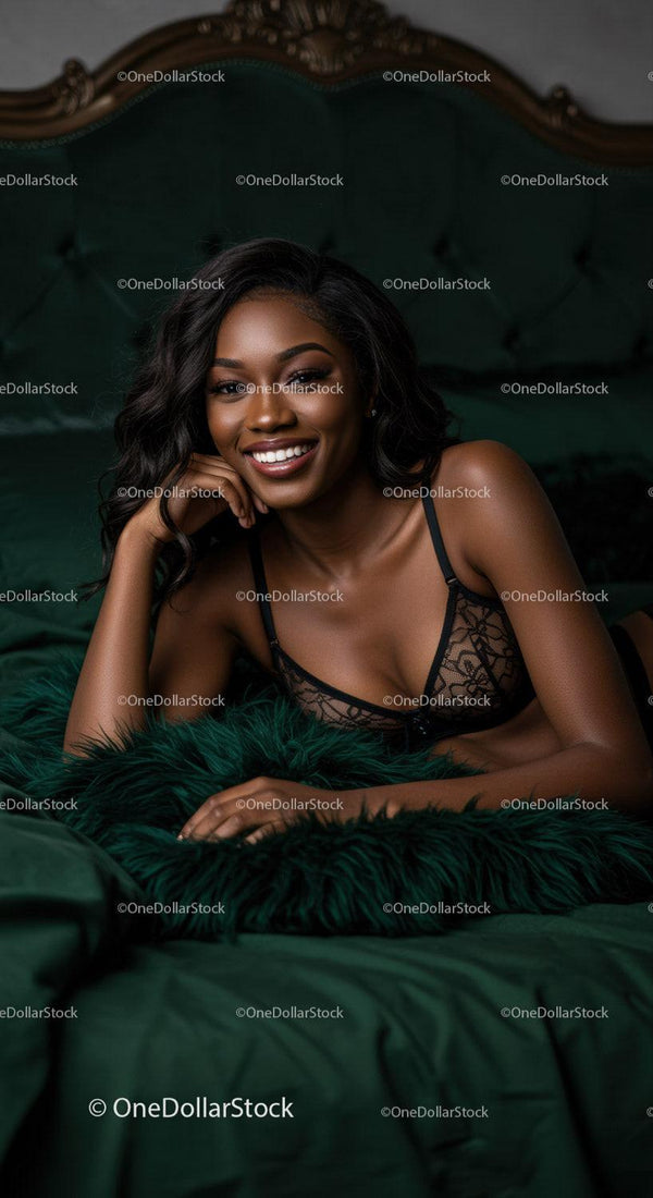 Smiling woman relaxing in black lace lingerie on bed