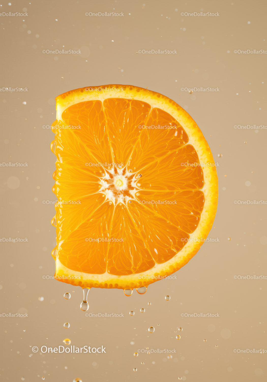 Juicy orange slice dripping with fresh droplets