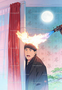 Surprised man with hat catching fire from flamethrower