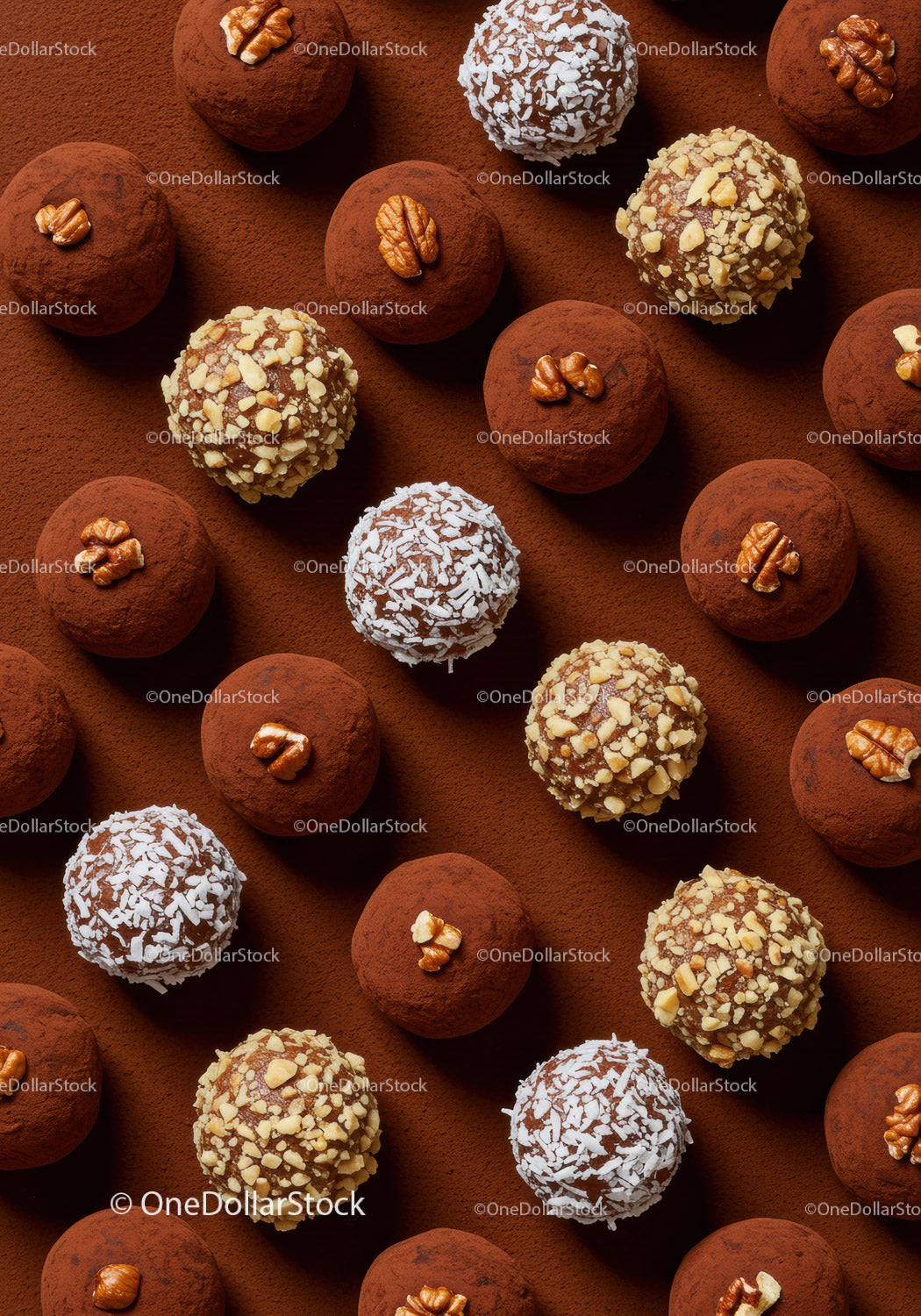 Variety of gourmet chocolate truffles with nuts and coconut flakes