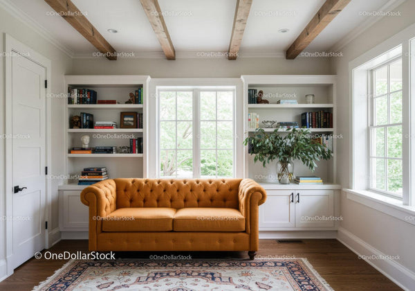 Cozy living room with orange sofa and built-in shelves