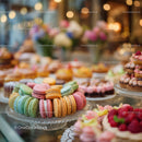 Colorful Macarons Display with Pastries and Sweets at Dessert Table