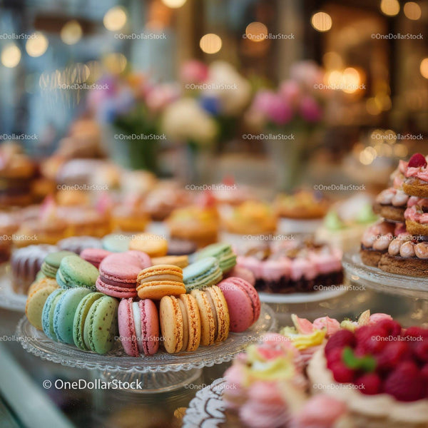 Colorful Macarons Display with Pastries and Sweets at Dessert Table