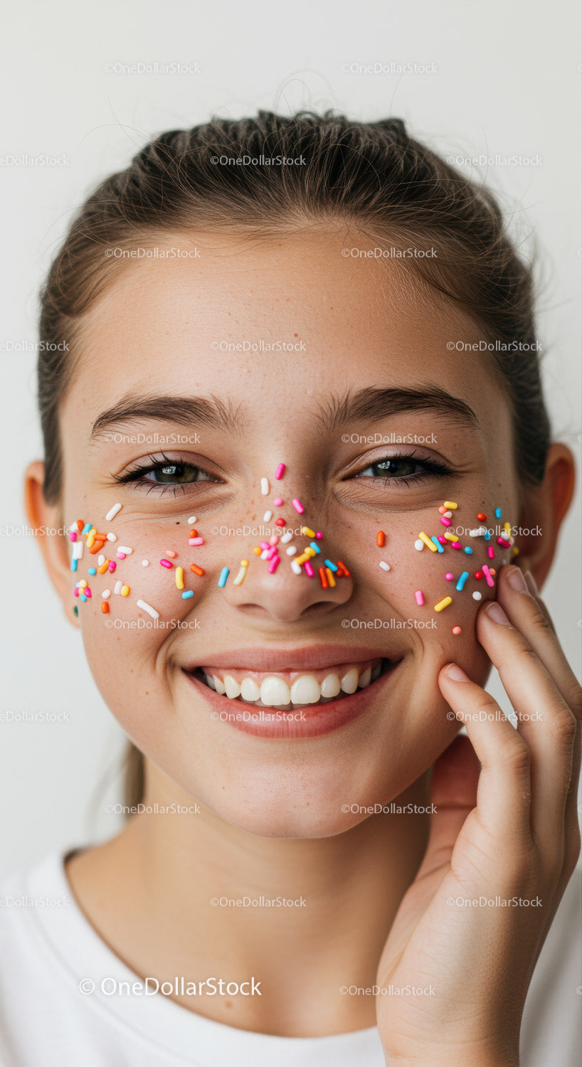 Cheerful Young Girl with Face Sprinkles and Bright Smile