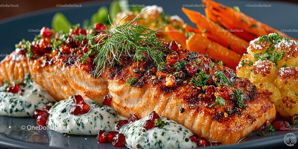 Gourmet Roasted Salmon with Pomegranate Garnish and Roasted Carrots