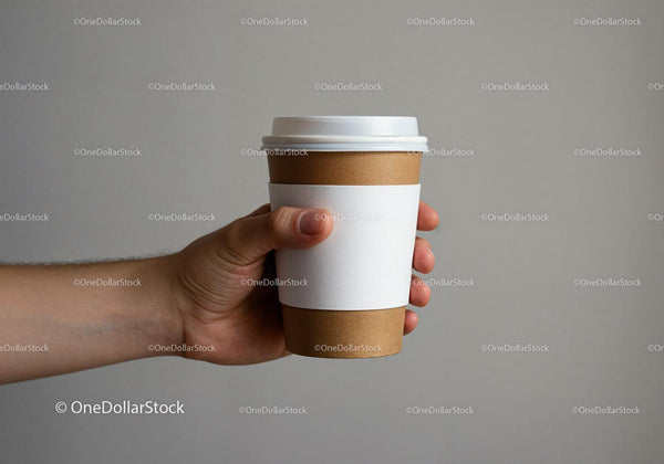 Hand Holding Takeaway Coffee Cup with Blank Sleeve JPG Mockup Image