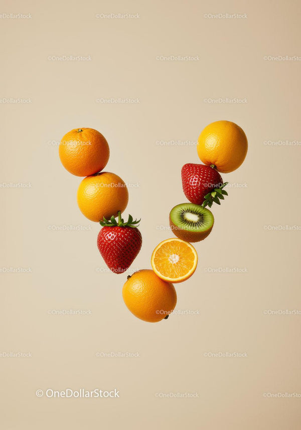Fresh mixed fruits arranged in letter V shape on beige