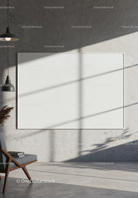 Minimalist interior with blank frame and modern chair