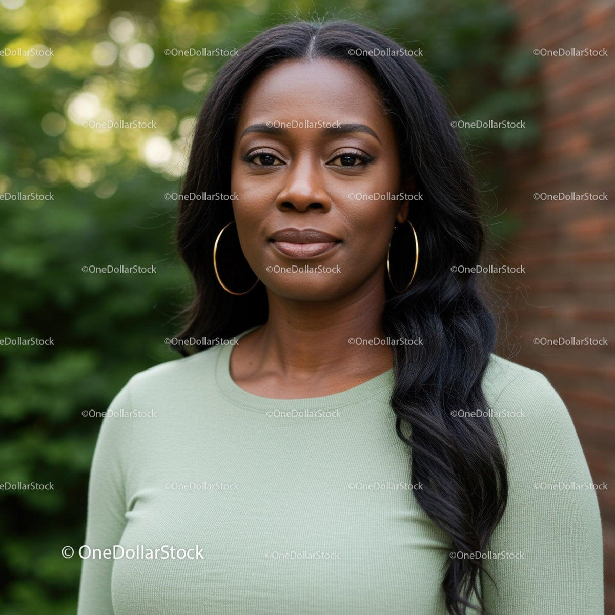 Confident woman standing outdoors with serene expression