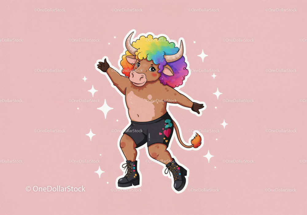 Cute Cartoon Bull with Rainbow Mane Dancing in a Vibrant Playful Scene