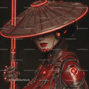 Futuristic Samurai in Neon Red Armor Holding Umbrella