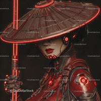 Futuristic Samurai in Neon Red Armor Holding Umbrella