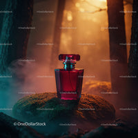 Luxury Red Perfume Bottle in Mystical Forest Scene