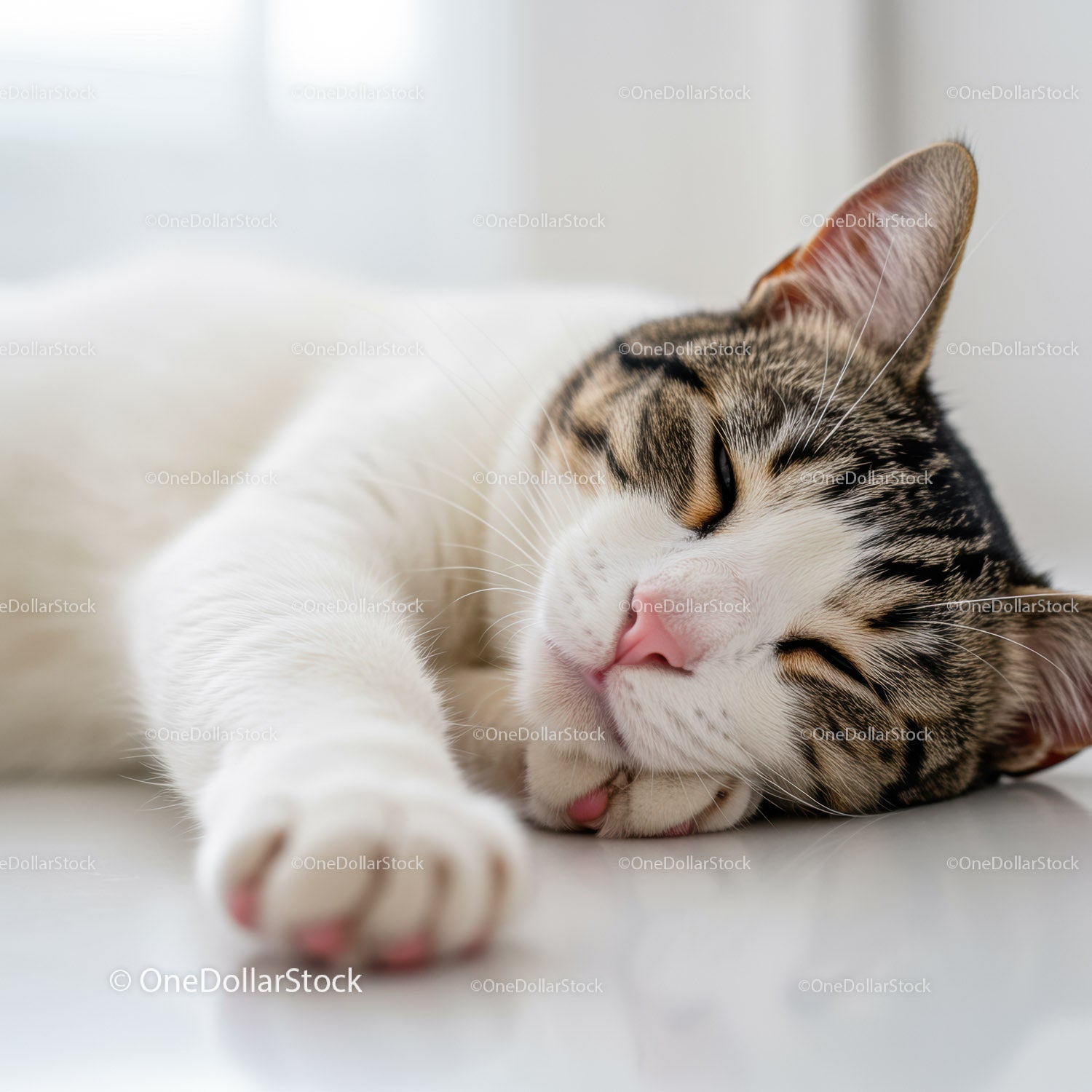 Peaceful tabby cat sleeping with outstretched paw