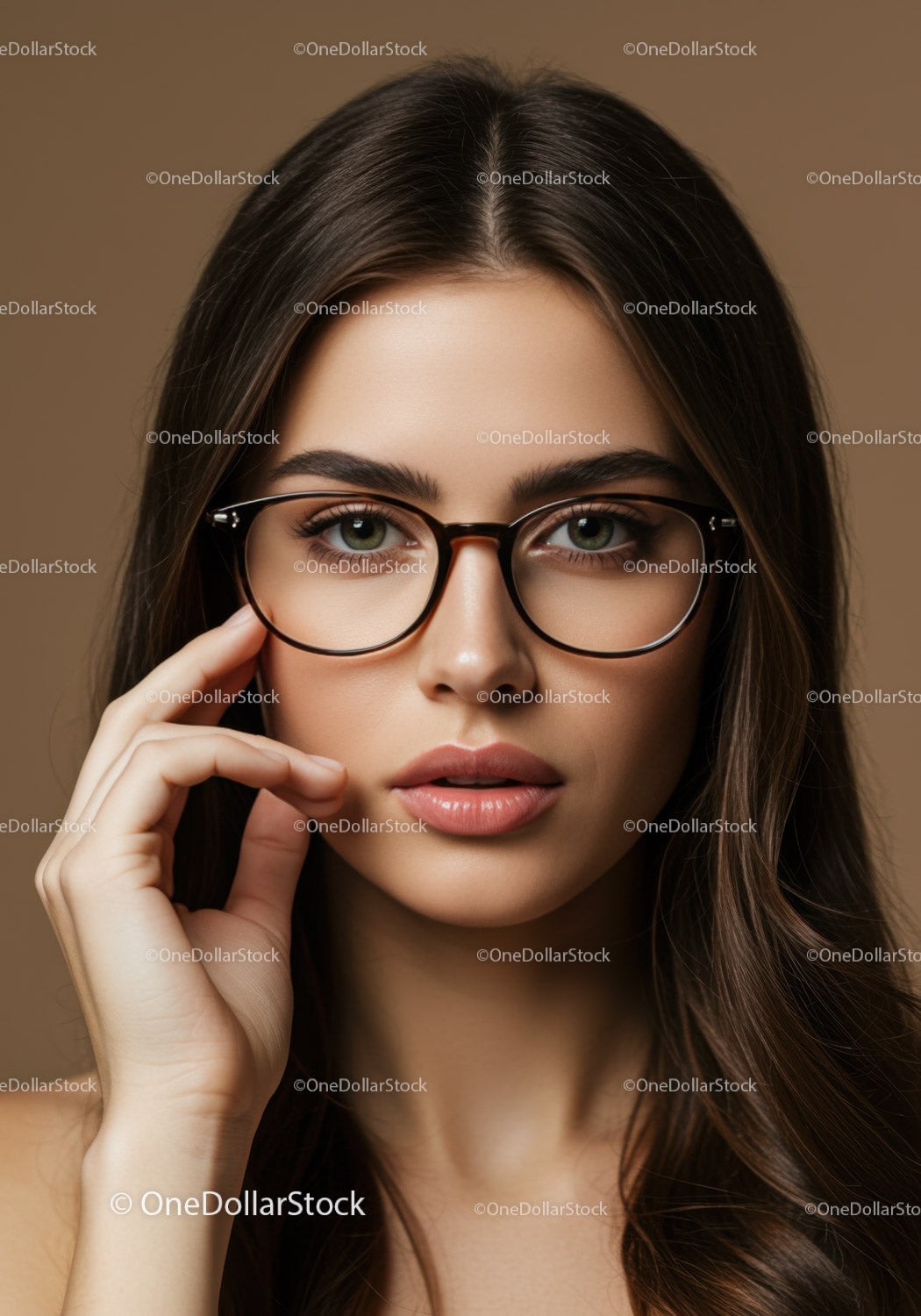 Elegant Young Woman with Glasses and Brown Hair in Studio Portrait
