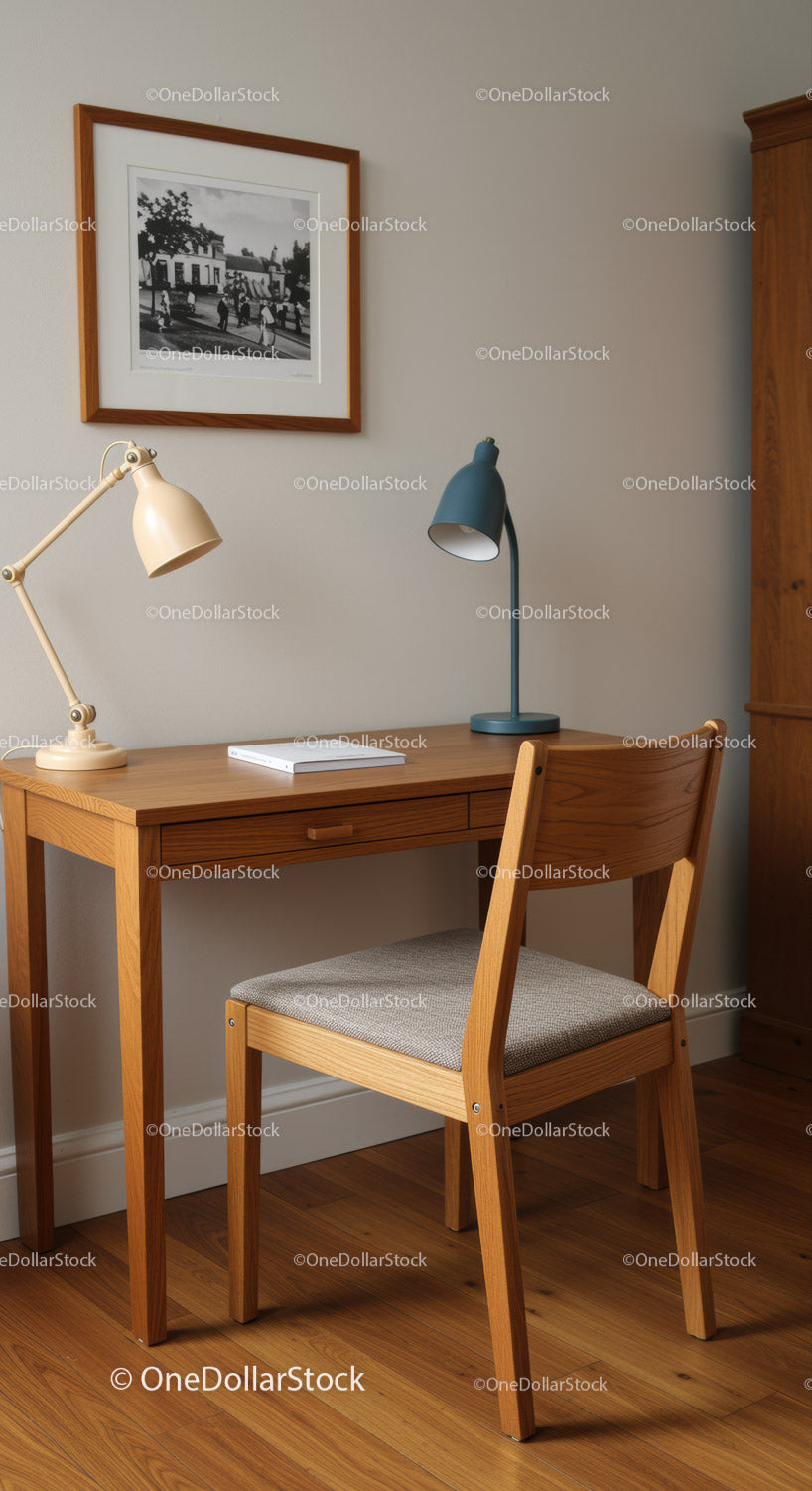 Cozy Home Office Scene with Wooden Desk and Modern Lamps