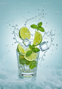 Refreshing lime and mint cocktail with ice splash