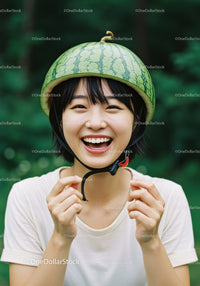 Happy woman wearing watermelon helmet outdoors