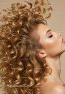 Profile of woman with voluminous curly golden hair