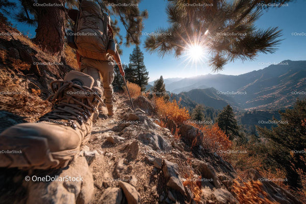 Mountain Trail Hiking Scene with Trekking Gear and Sunny Weather