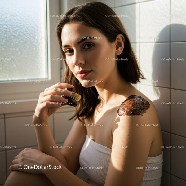 Young woman applying exfoliating scrub on shoulder