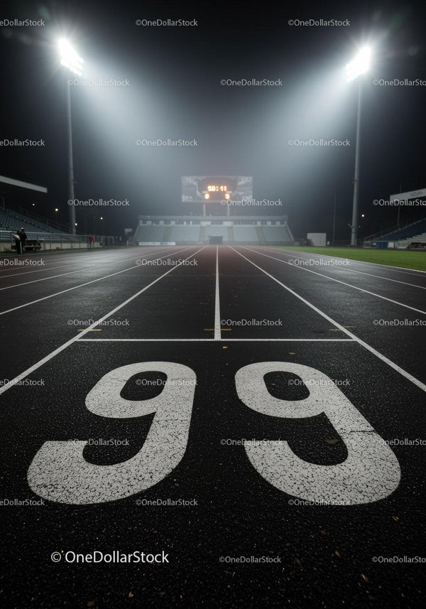 Nocny widok pustej zewnętrznej bieżni lekkoatletycznej