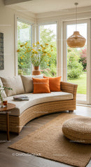 Cozy wicker sectional sofa with bright cushions near window