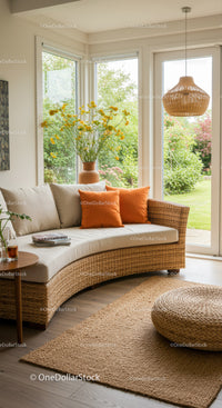Cozy wicker sectional sofa with bright cushions near window