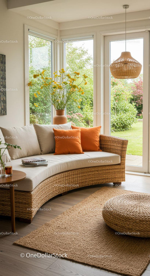 Cozy wicker sectional sofa with bright cushions near window