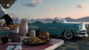 Beachside Cheeseburger French Fries and Milkshake with Classic Car