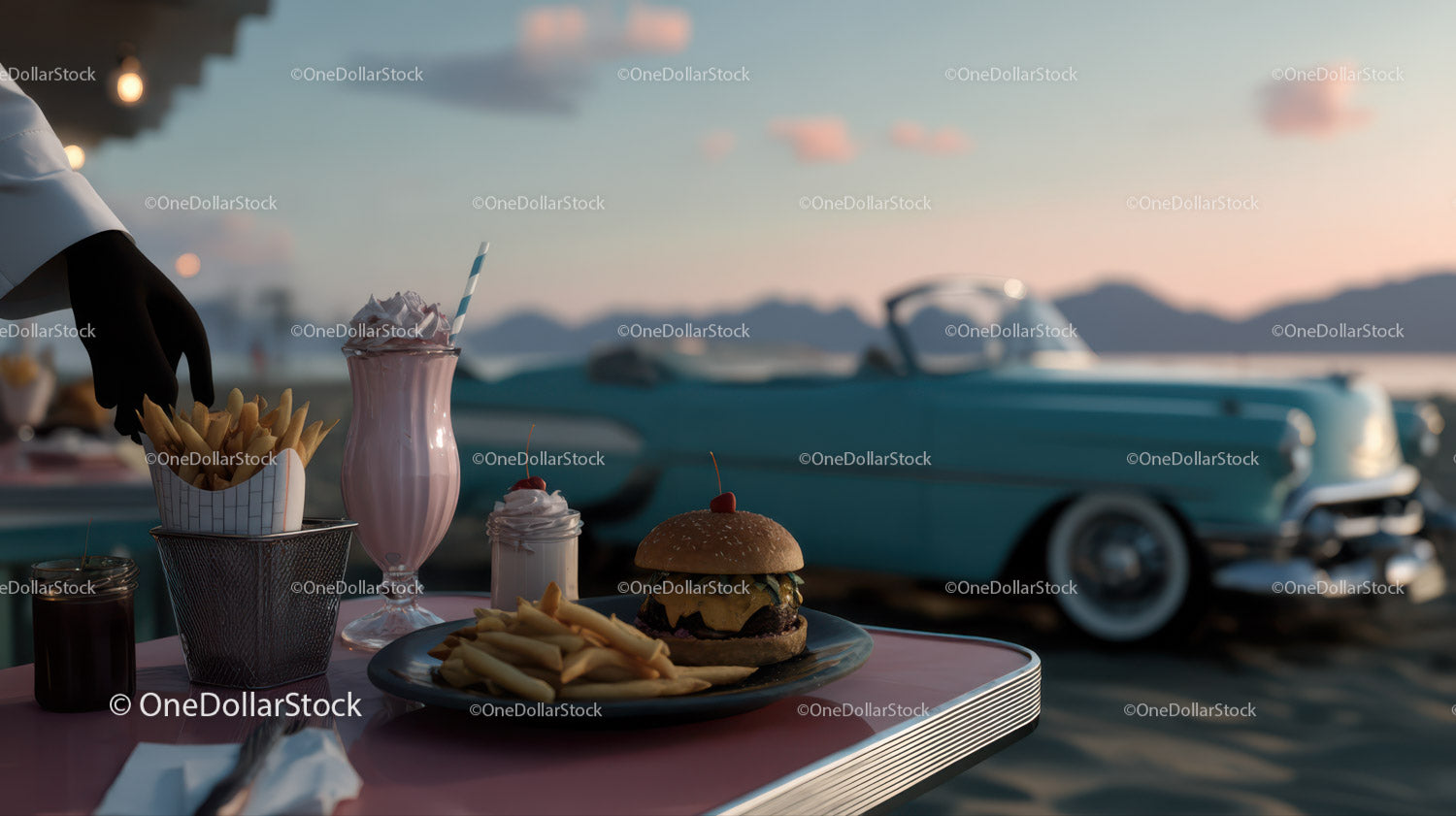 Beachside Cheeseburger French Fries and Milkshake with Classic Car
