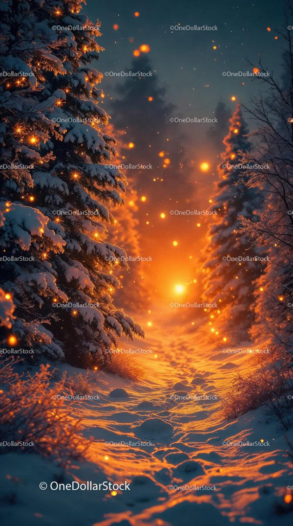 Winter Forest Path Illuminated by Magical Golden Light