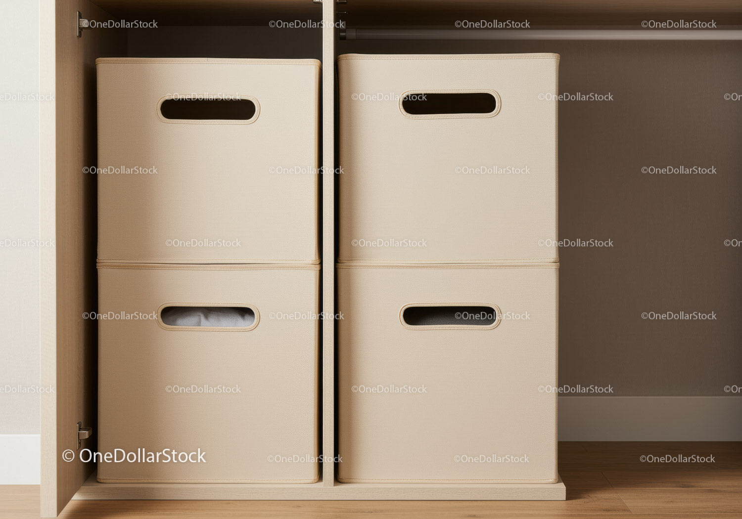 Beige Fabric Storage Bins in Modern Closet for Home Organization