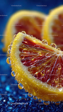 Fresh Blood Orange Slice with Dew Drops and Vibrant Colors