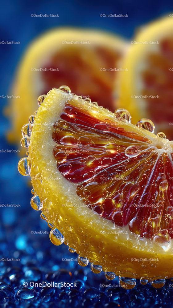 Fresh Blood Orange Slice with Dew Drops and Vibrant Colors