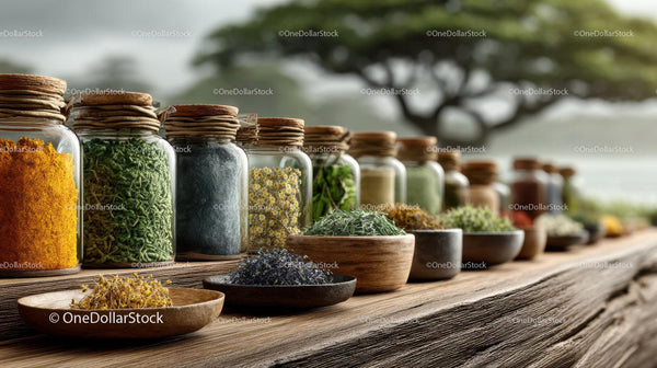 Colorful Array of Spices and Herbs in Glass Jars on Rustic Wooden Table