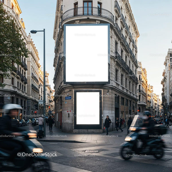 Urban street corner with blank advertising billboards JPG Mockup Image