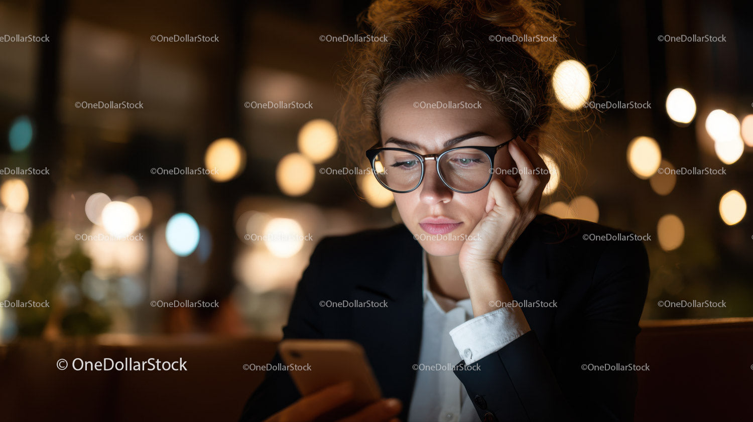 Młoda kobieta w okularach korzystająca ze smartfona nocą w nowoczesnej miejskiej kawiarni