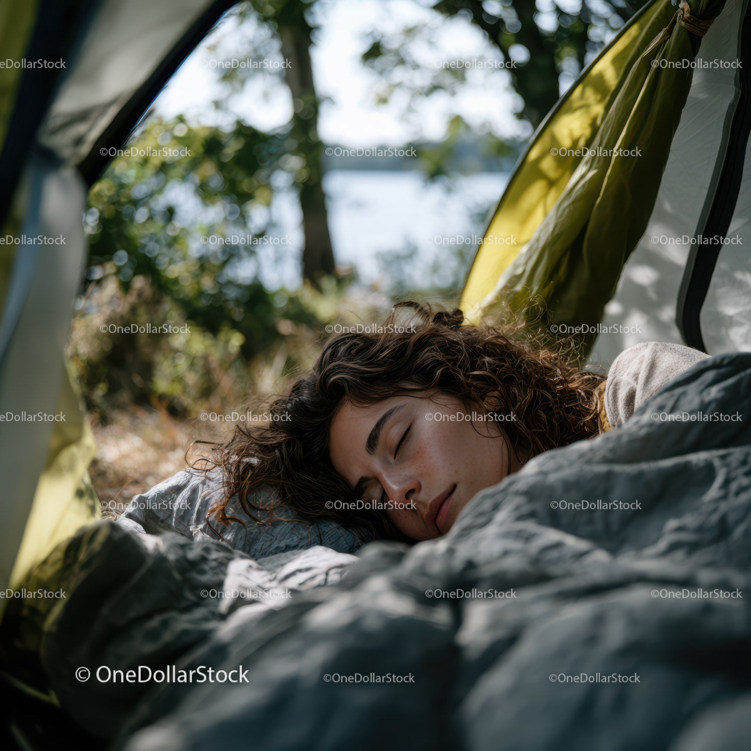 Young Woman Sleeping Peacefully in a Tent Surrounded by Green Nature