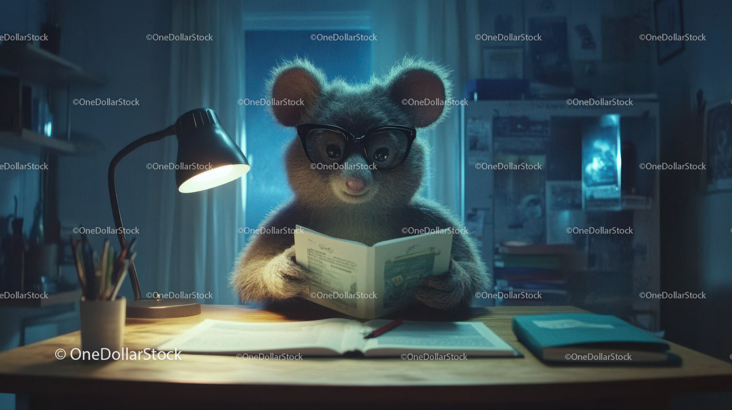 Cute Mouse with Glasses Reading Book in Cozy Home Office