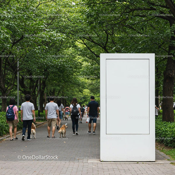 People Walking Dogs Along Tree-Lined Urban Pathway JPG Mockup Image