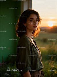 Young woman standing calmly at warm sunset outdoors
