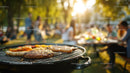 Outdoor Barbecue Scene with Sizzling Steaks and Summer Vibe