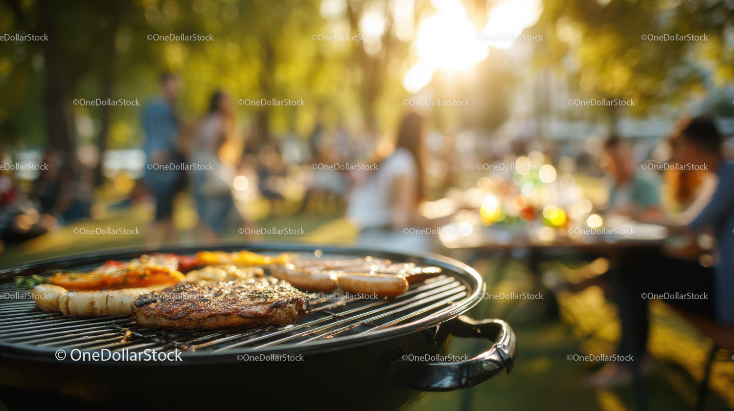 Outdoor Barbecue Scene with Sizzling Steaks and Summer Vibe