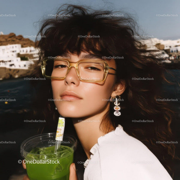 Stylish Woman with Curly Hair Wearing Sunglasses and Sipping Green Cocktail