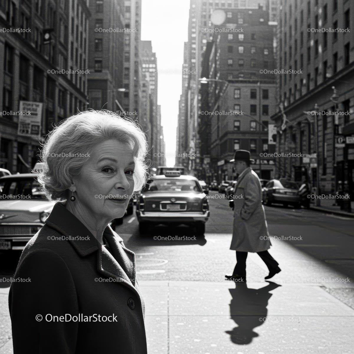 Elegant Elderly Woman Walking in Black and White City Street Scene