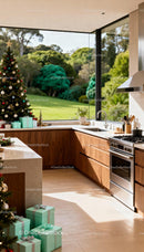 Modern Kitchen with Christmas Tree and Scenic View
